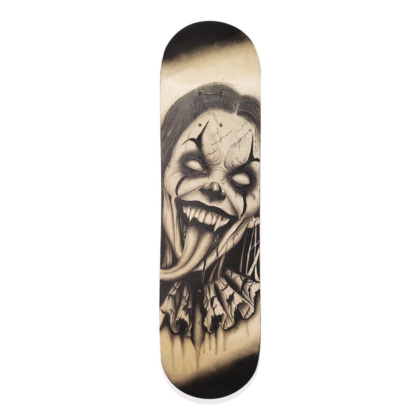 Skateboard deck with a black and white horror clown drawing.