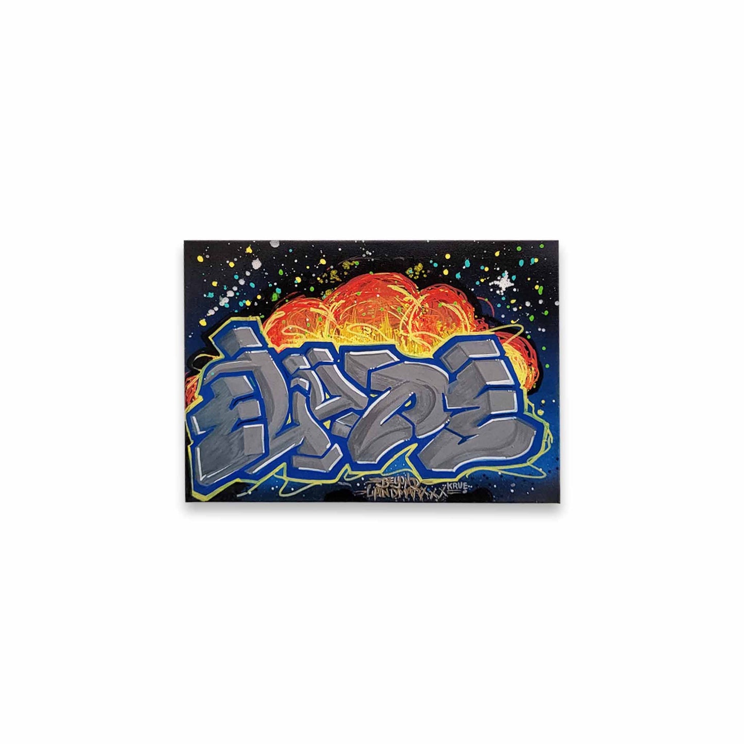 Graffiti-style artwork with fiery design on a black background