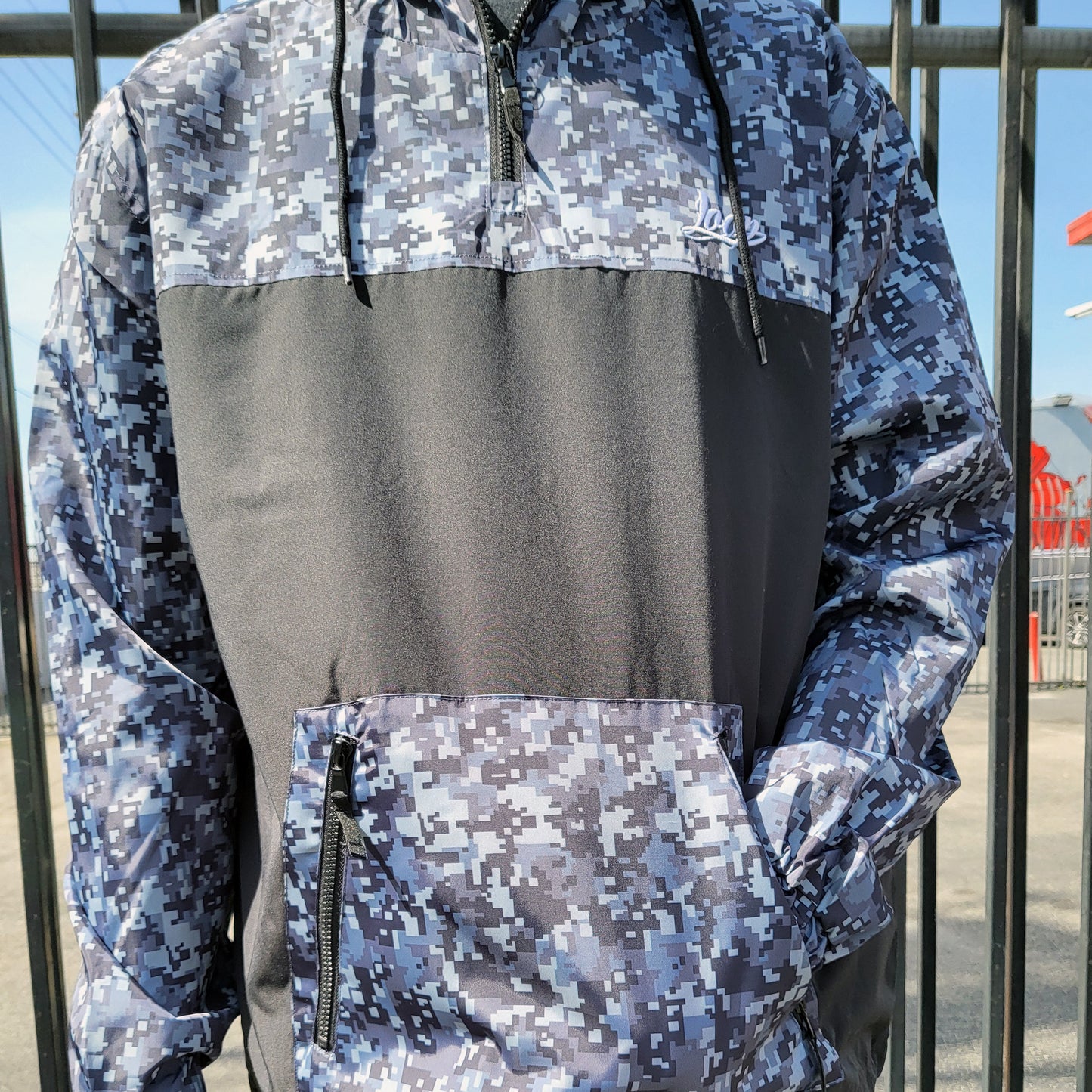 Blue grey digital camo duo colored windbreaker jacket