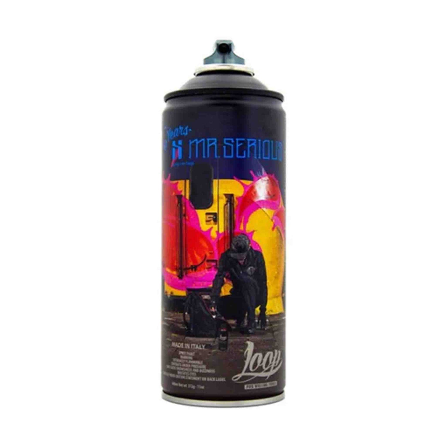 10 Year Mr. Serious and Loop colors graphic designed can on white background