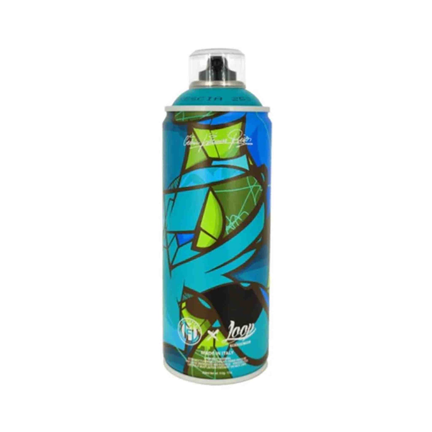 Loop Colors spray can with abstract design on a white background