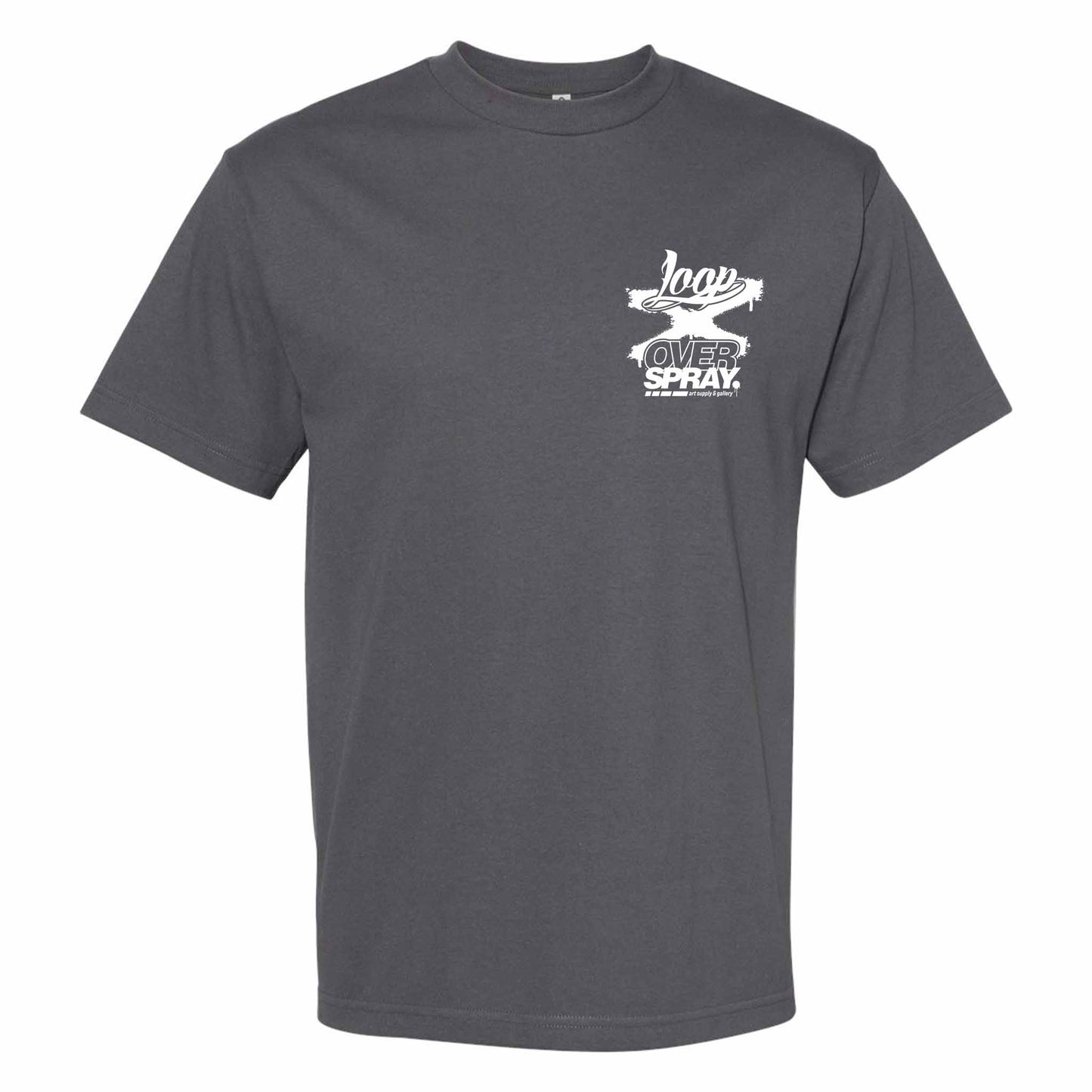 Gray t-shirt with white graphic and text 'Loop x Overspray' on a white background