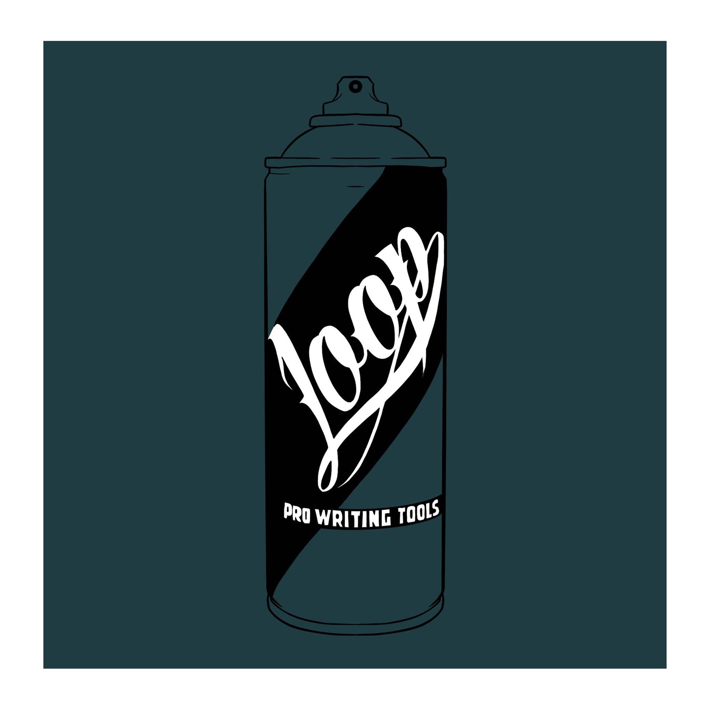 Teal color swatch background with spray can branded LOOP Pro Writing Tools.