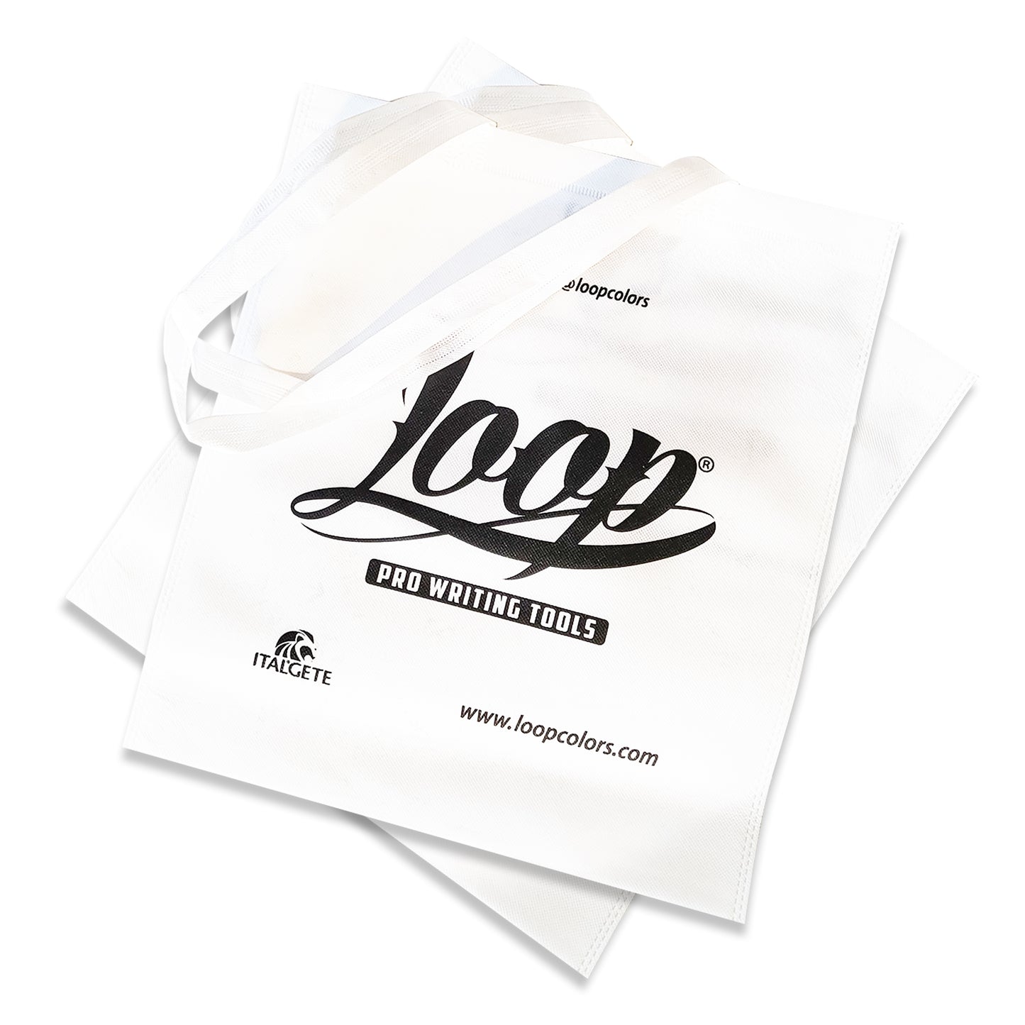 White tote bags with the brand Loop Colors printed in black