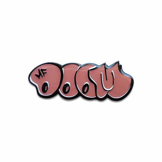 Pink and black graffiti throwie style MF DOOM pin