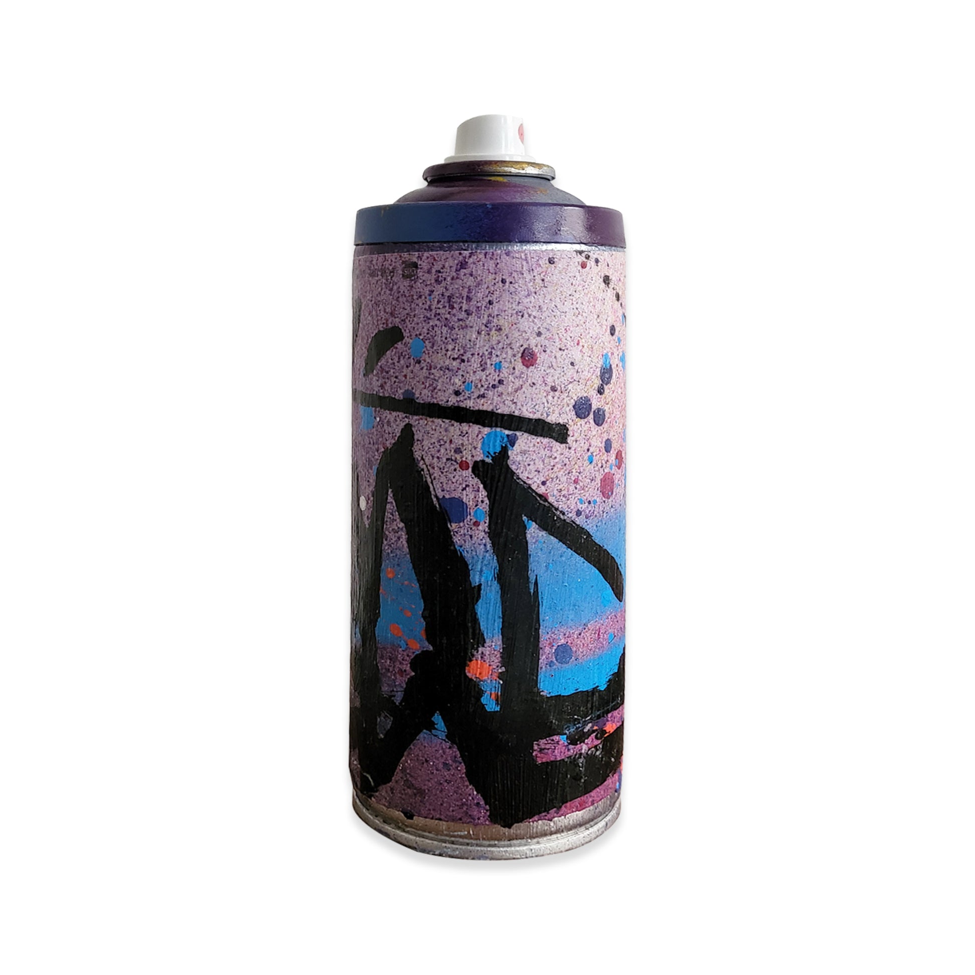 Artist hand-painted, empty spray paint can by graffiti artist Man One, side two.
