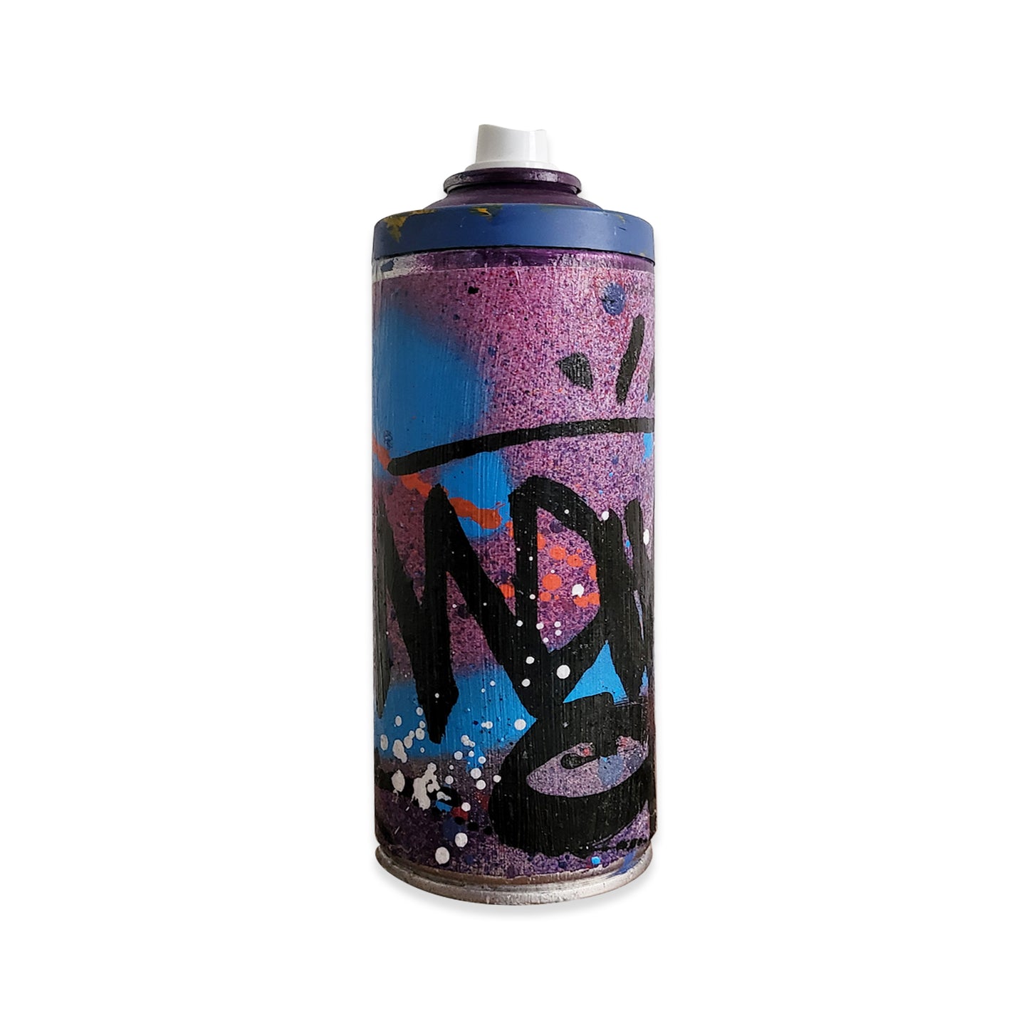 Artist hand-painted, empty spray paint can by graffiti artist Man One, side one.