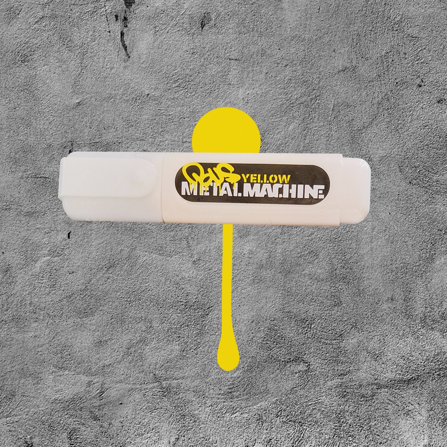 White marker with black/yellow label and a yellow swatch in the back ground.
