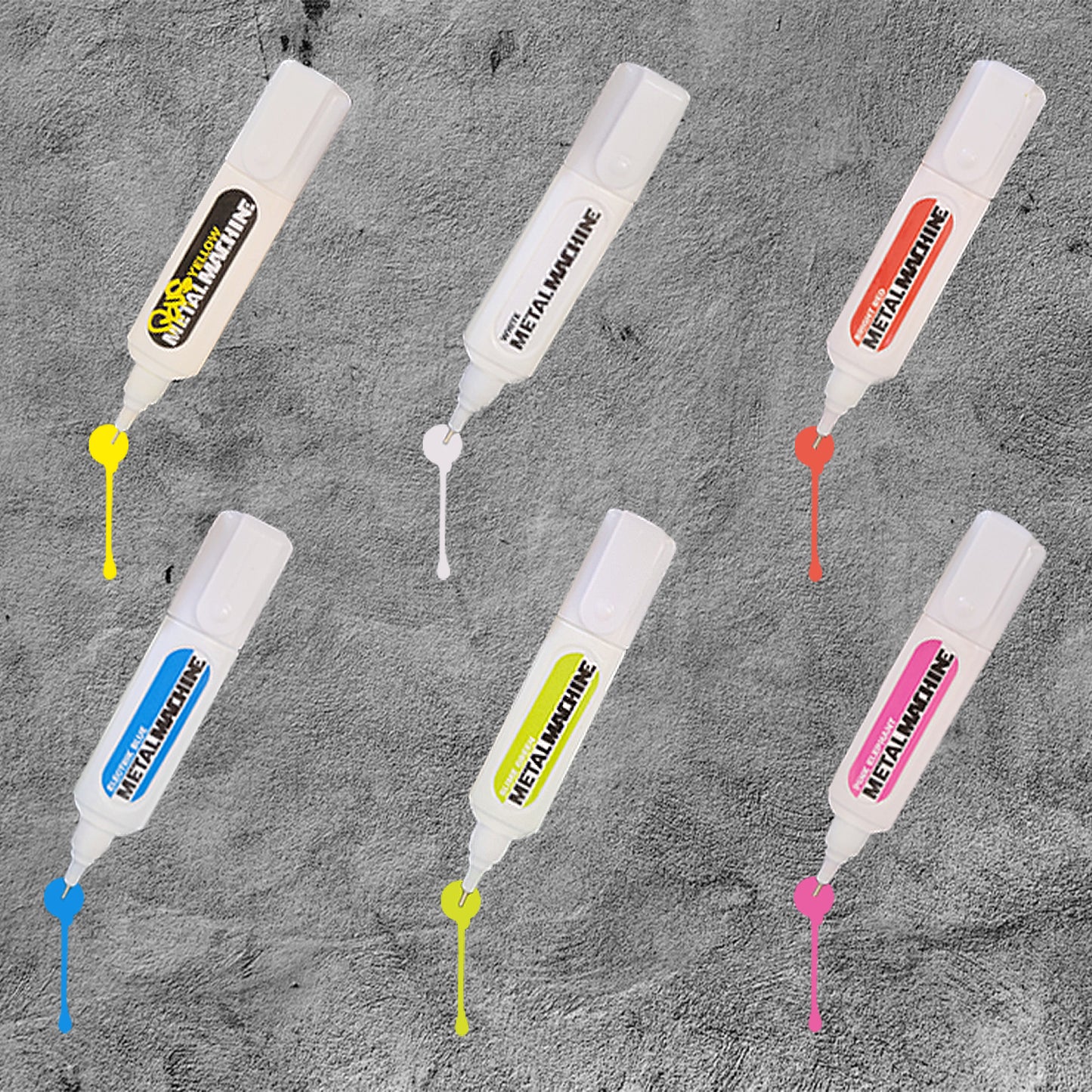 6 muticolored metal tipped markers labeled Metal Machine