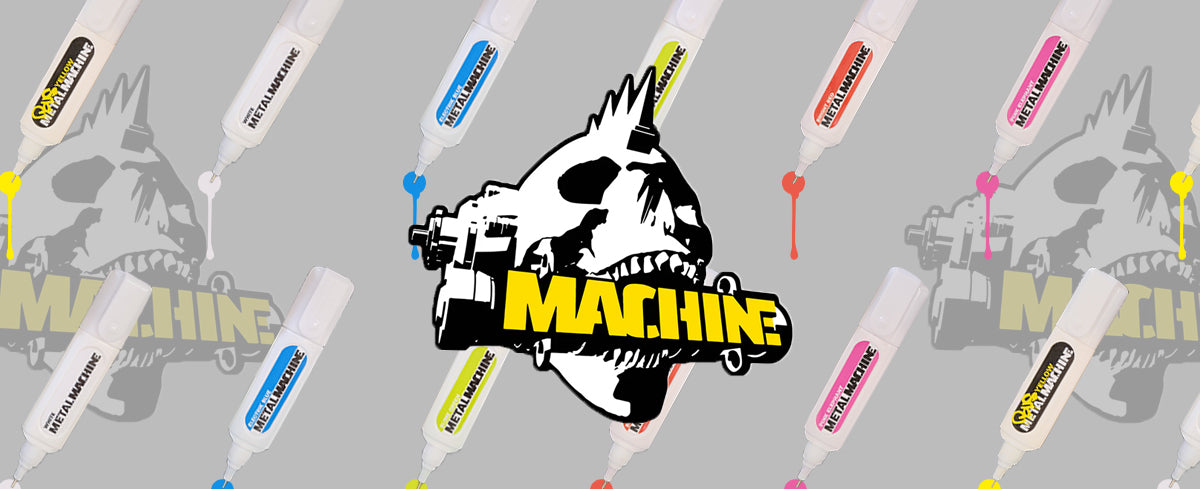 Small White colored correction pens offset with corresponding color on each pen with a logo of a skull with the work 'Machine' in yellow in the mouth