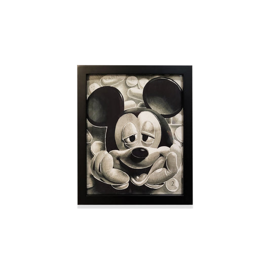 Black and white drawing of Mickey mouse character.