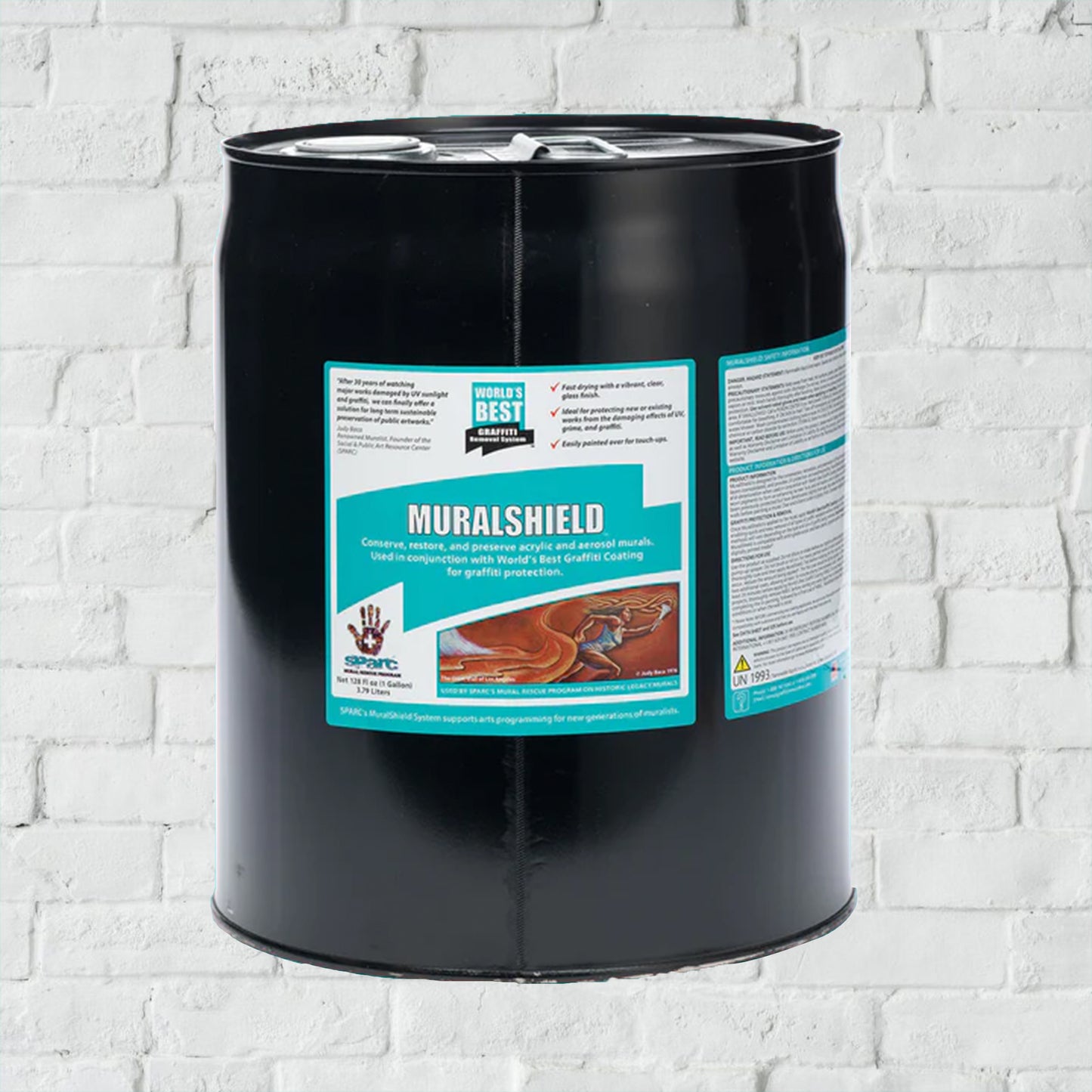 A black canister container labeled 'MURALSHIELD' with blue and black text, placed against a brick wall background.