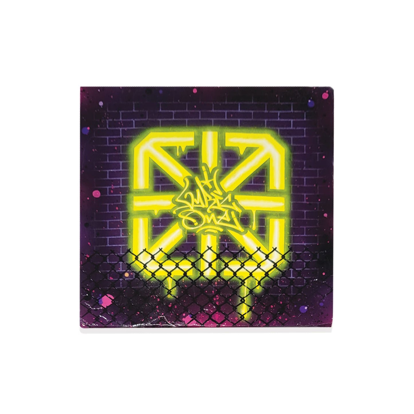 Square painting that looks like brick, chainlink fence and neon sign with graffiti style writing.