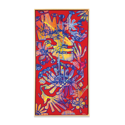 A bright abstract and graffiti style painting with a wooden frame.