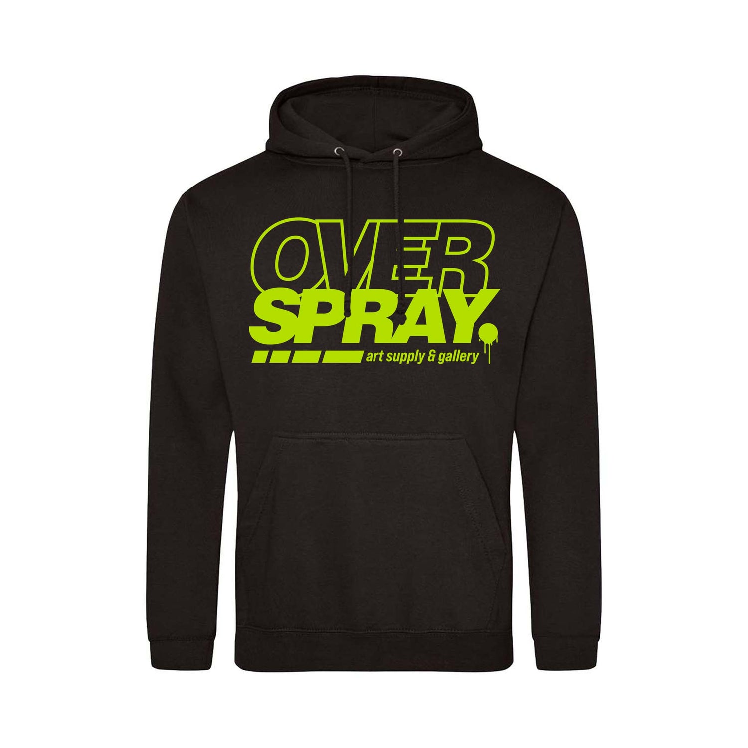 Black hoodie with 'OVER SPRAY' text in yellow on a white background.