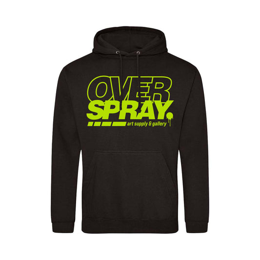 Black hoodie with 'OVER SPRAY' text in yellow on a white background.