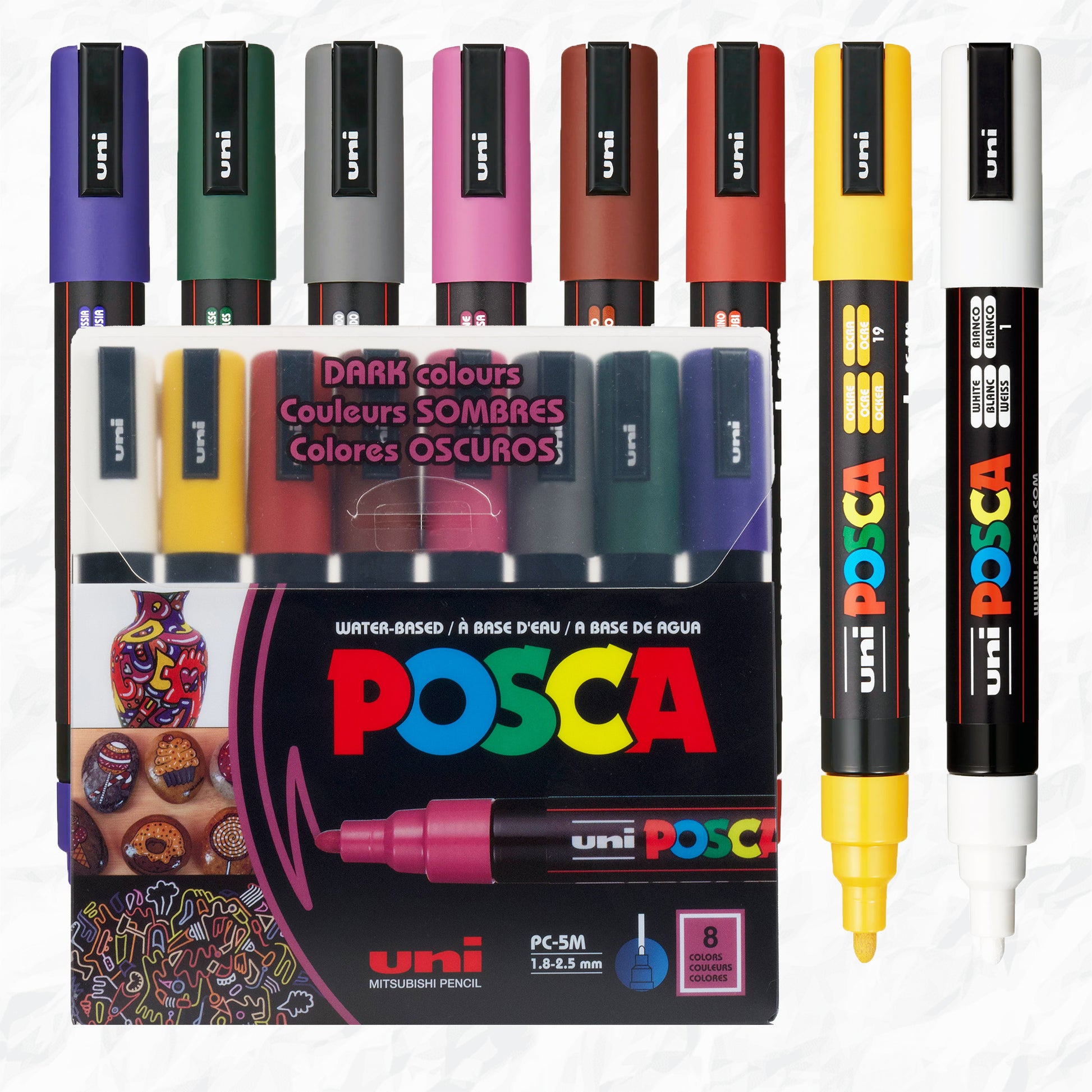 POSCA water-based art paint markers, size 5M medium round, eight piece pack in dark colors.
