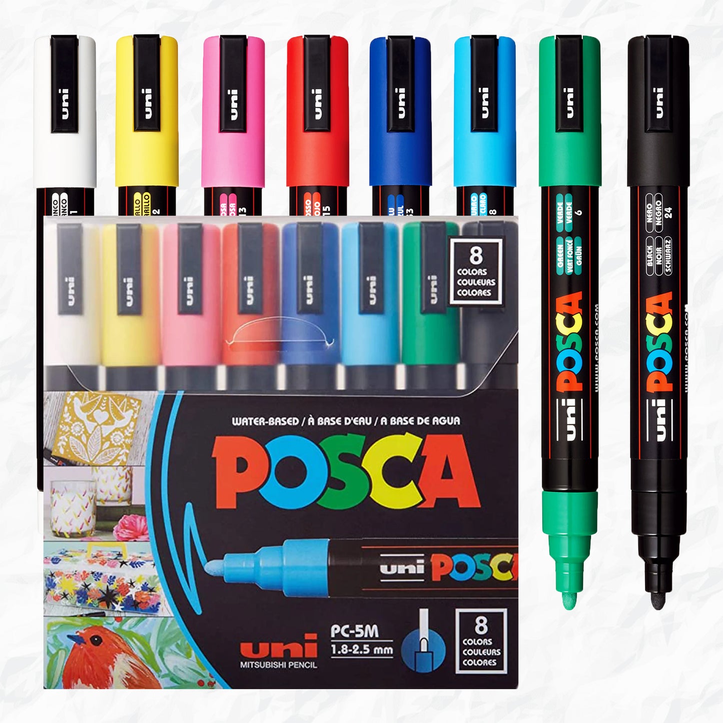 POSCA water-based art paint markers, size 5M  round, eight piece pack in primary colors.
