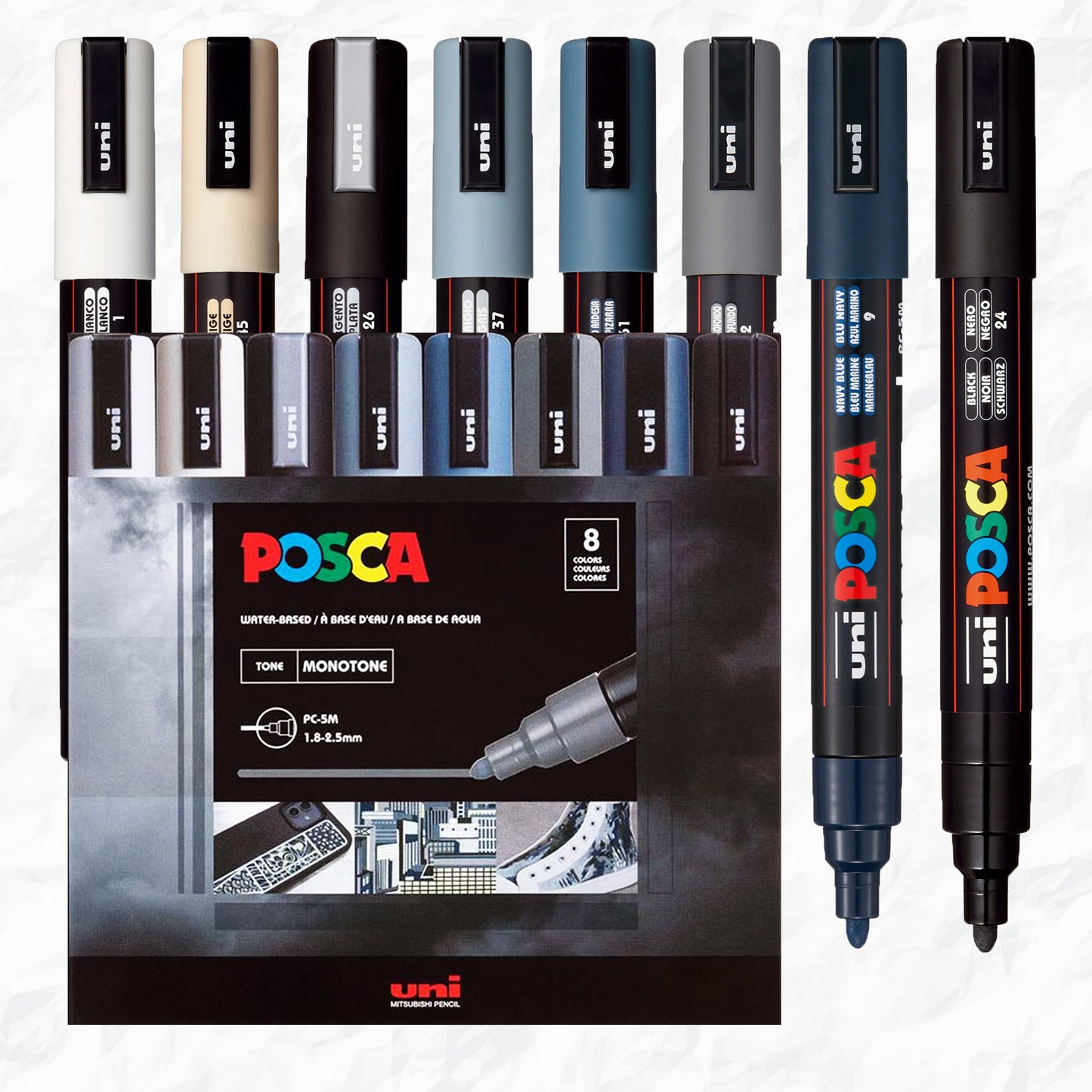 POSCA water-based art paint markers, size 5M medium round, eight piece pack in monotone colors.
