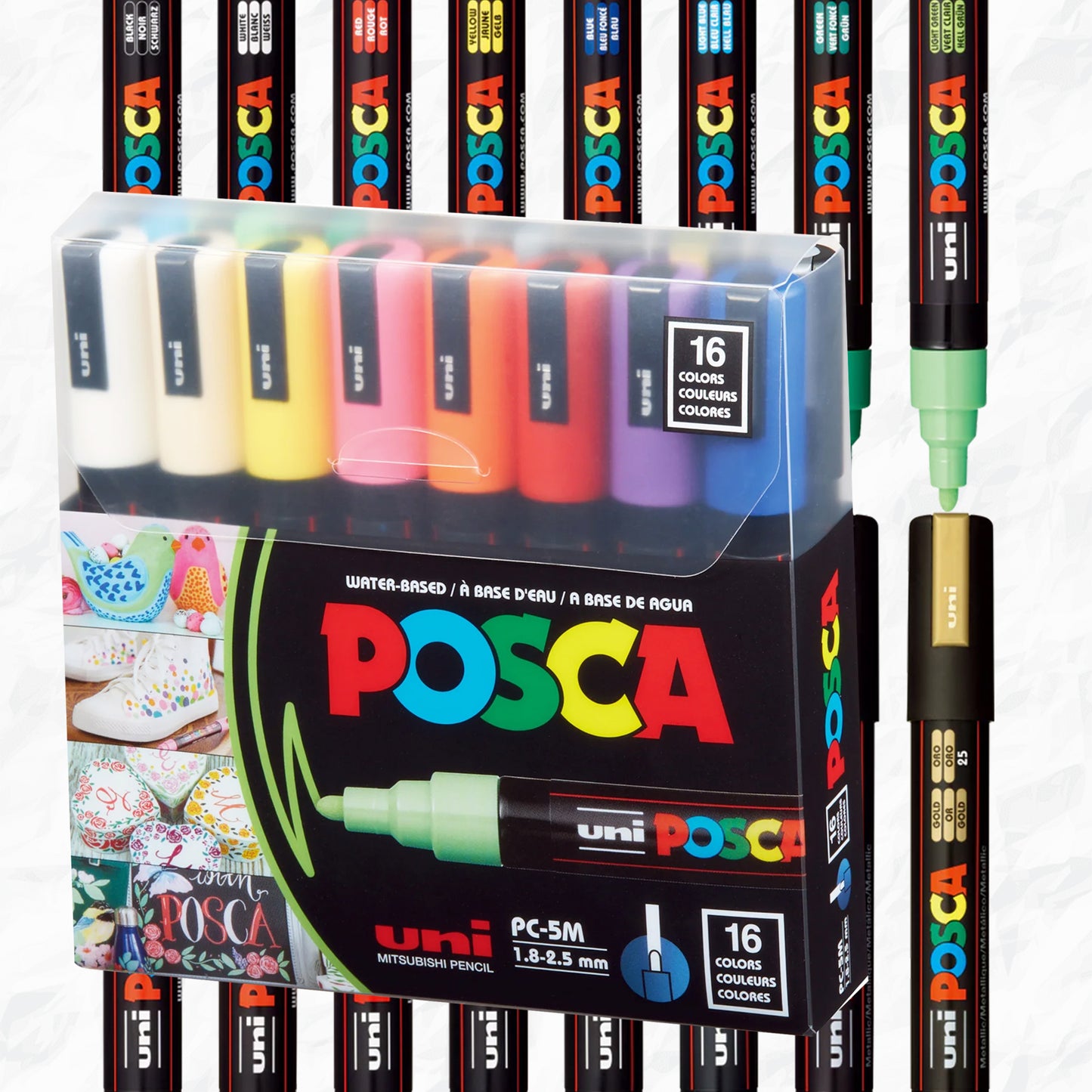 POSCA water-based art paint markers, size 5M medium round, sixteen piece pack in primary colors.