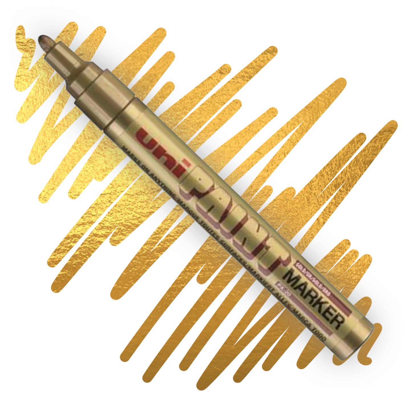 A white marker angled diagonally, the tip of the marker and the nib are colored metallic gold. On the marker body the label reads "Uni PAINT Maker". Behind the marker is a color swatch of a squiggly line in metallic gold.