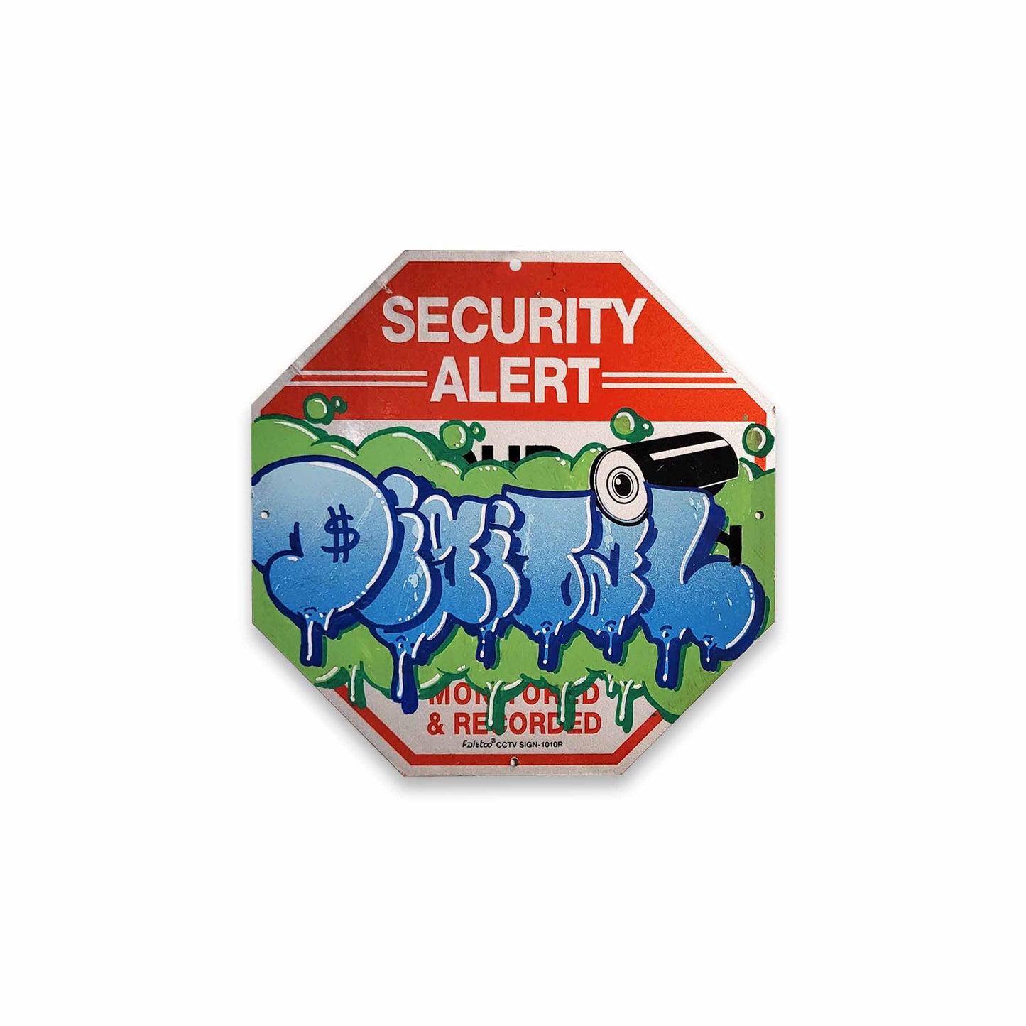 Octagonal sign with painted graffiti letters and 'Security Alert' text on a white background.