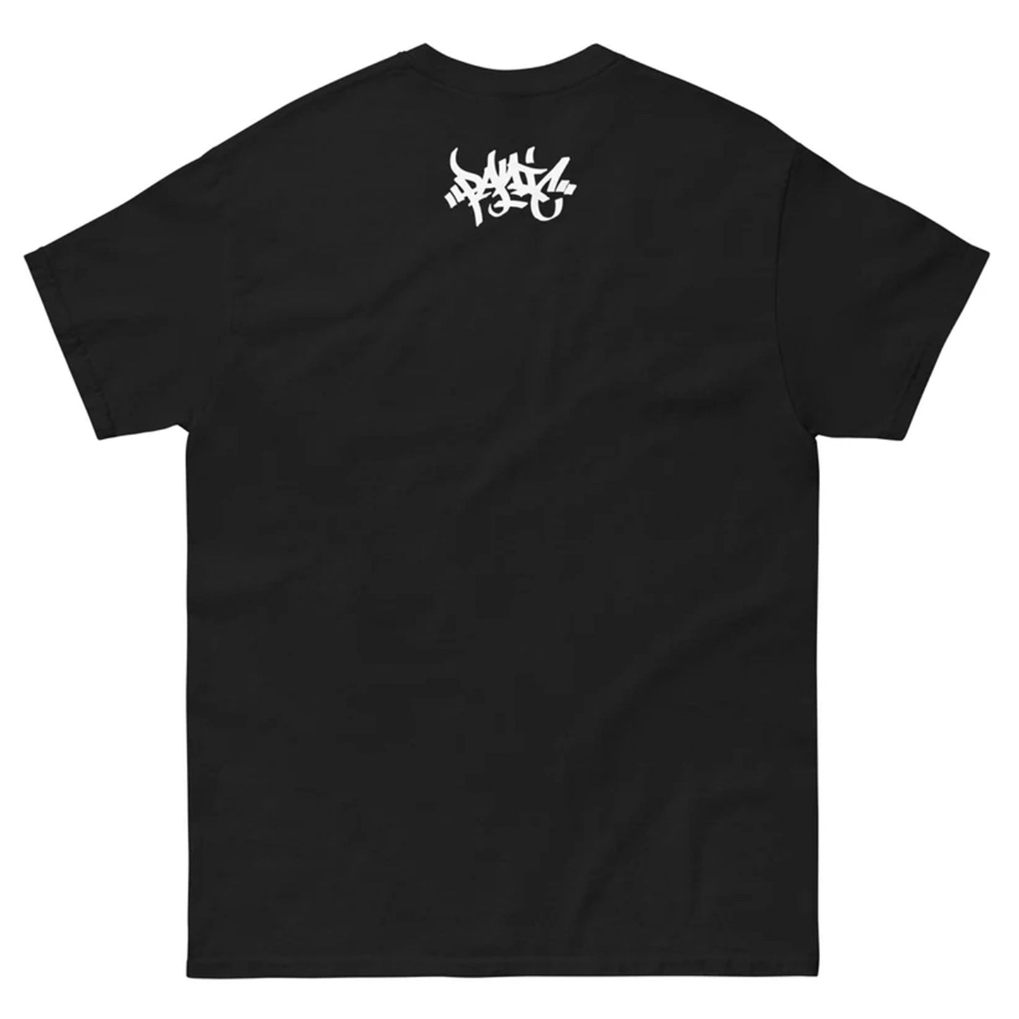Back side of Panic 39 brand "tag" t shirt in all black with a small panic tag by the neck.
