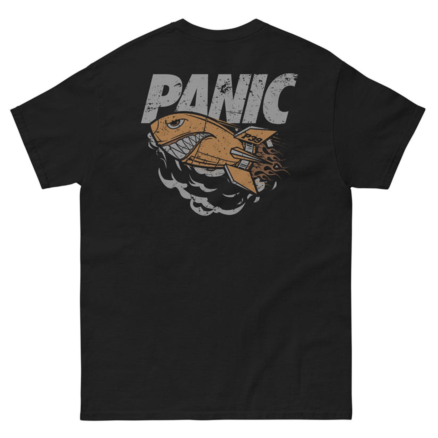 back panel of a Panic 39 music brand tshirt with the big boy vintage bomb design.