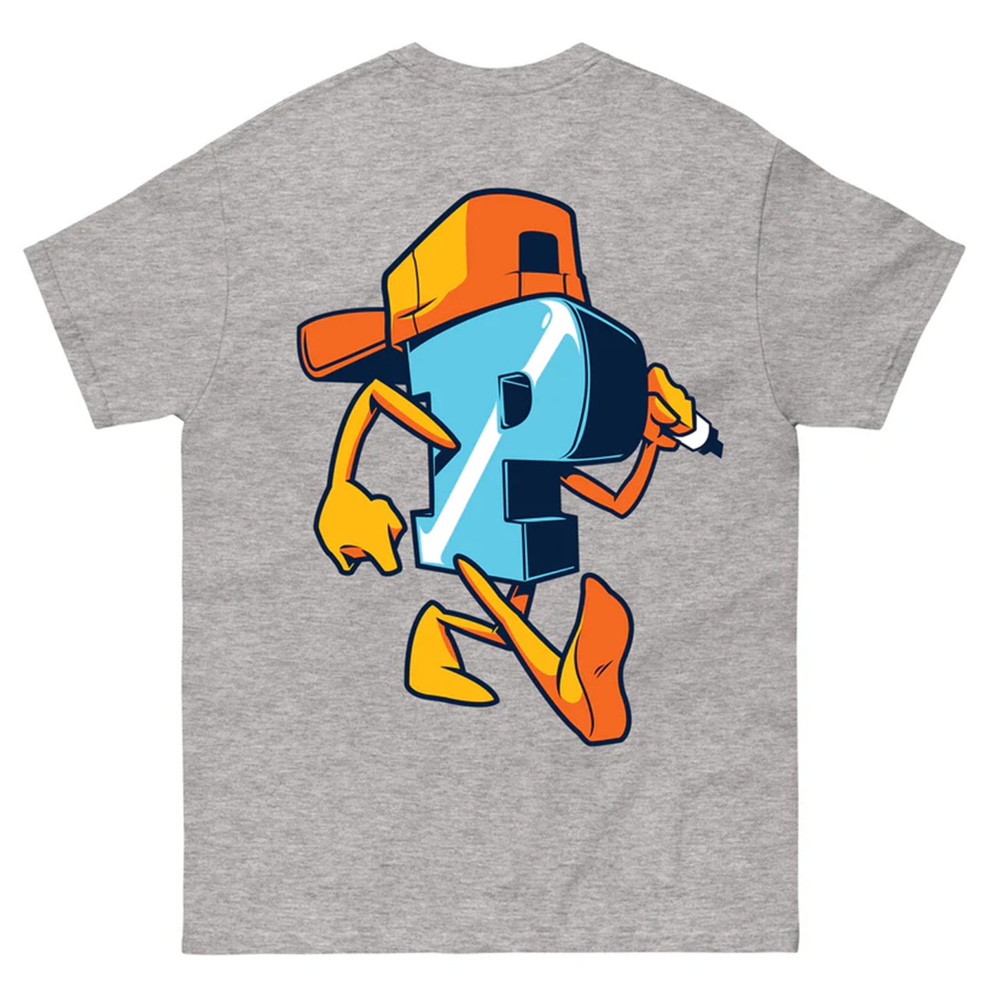 the back print on a Panic 39 music brand walking p shirt in heather grey .