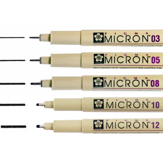 Set of Pigma Micron pens with different tip sizes on a white background.