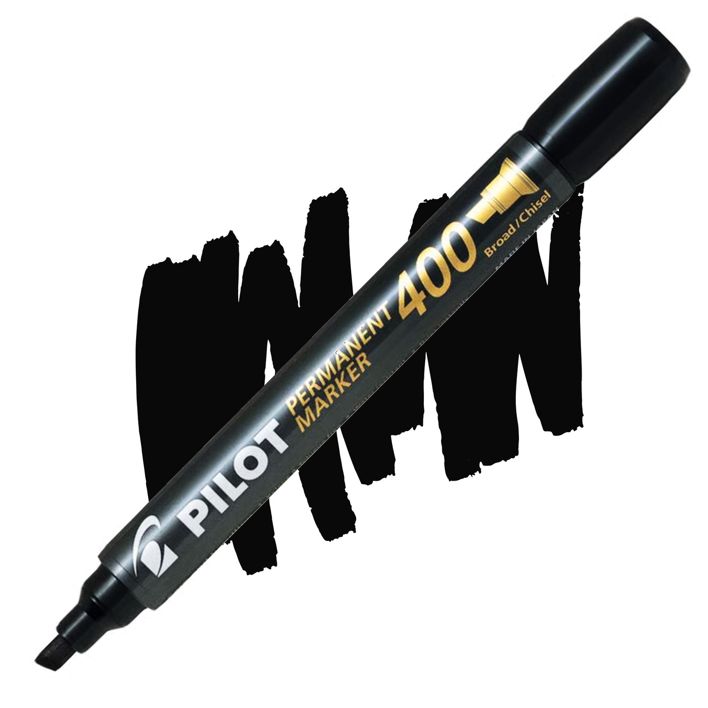A black Pilot Permanent Marker, model 400 Broad Chalk, shown diagonally over a black swatch scribble on a white background.