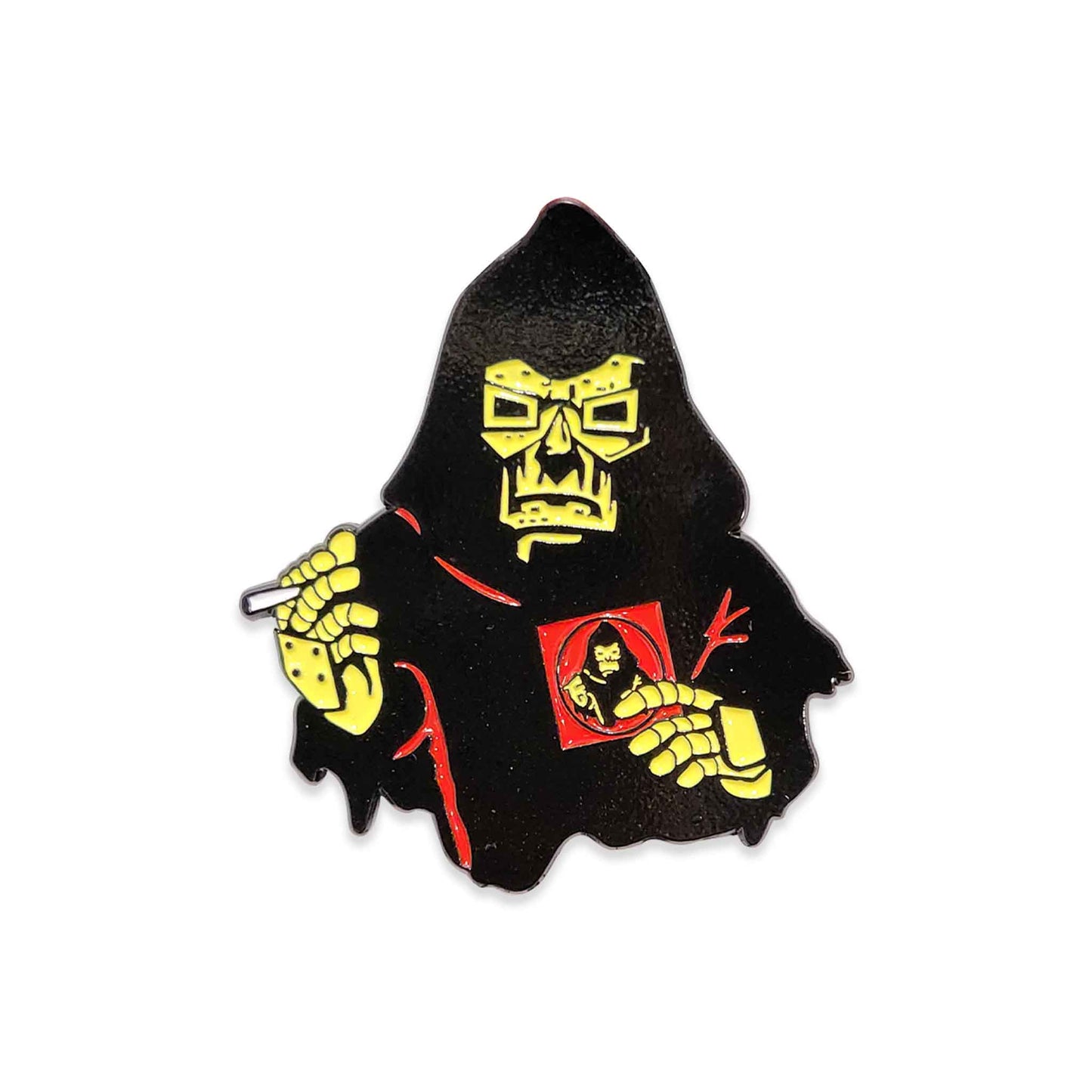 Cloaked character with metal mask and gloves holding a CD and cigarette enamel pin