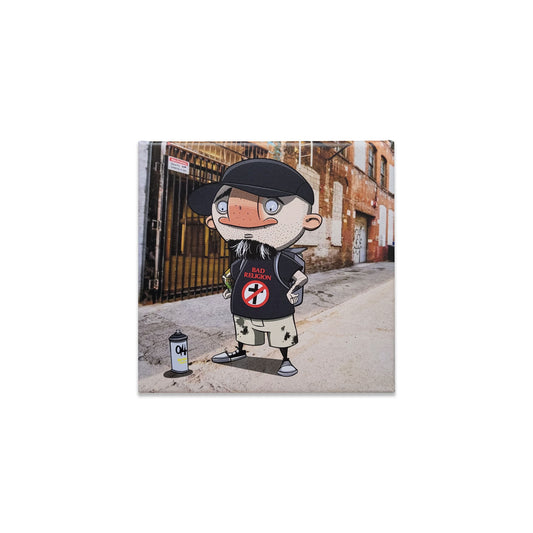 Cartoon character in a street setting with graffiti on the wall.