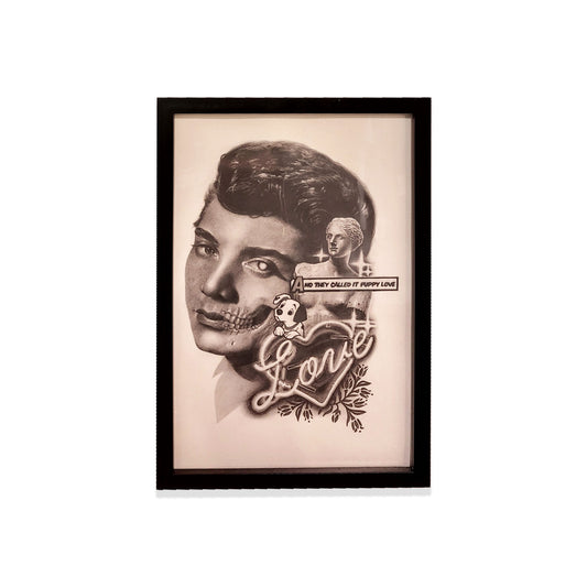 Framed artwork with a stylized portrait collage and comic strip text 'And they call it puppy Love".