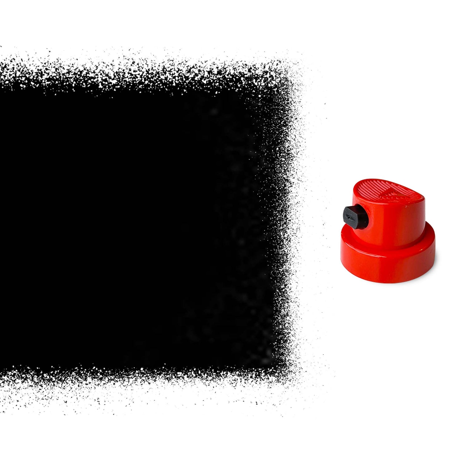 A red spray paint cap with a black instert next to a size swatch.