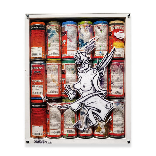 Shadow box filled with empty Molotow Belton Cans with a plexiglass cover by artist Man One.