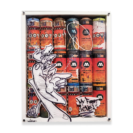Shadow box with spray paint cans covered with plexiglass with drawings by artist Man One.