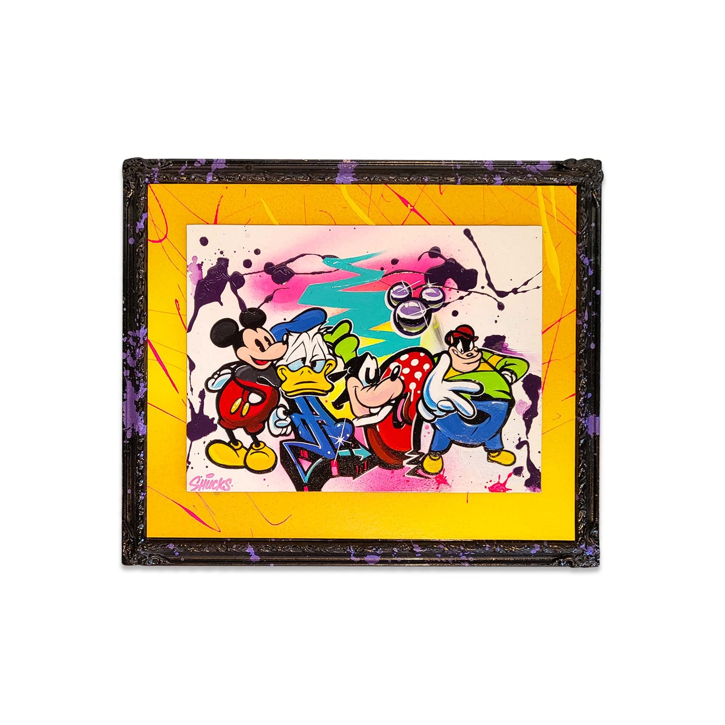Framed artwork of graffiti Disney cartoon characters with a colorful border on a white background.