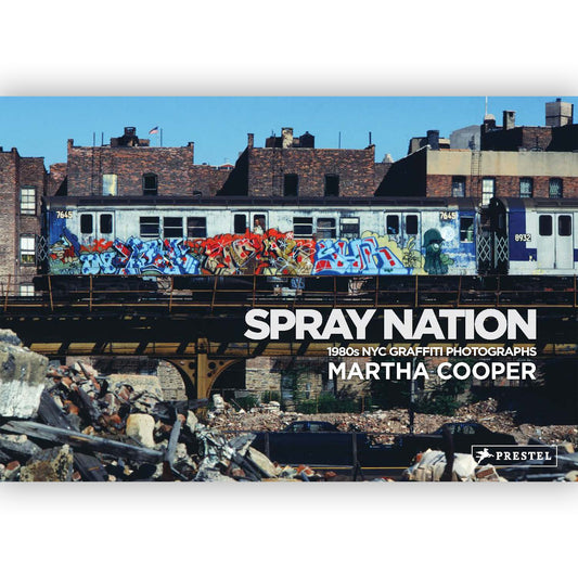 "Spray Nation by Martha Cooper" book cover with photo of a subway train with graffiti.