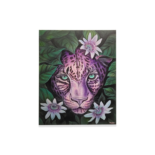 Artistic depiction of a leopard surrounded by leaves and flowers on a white background.