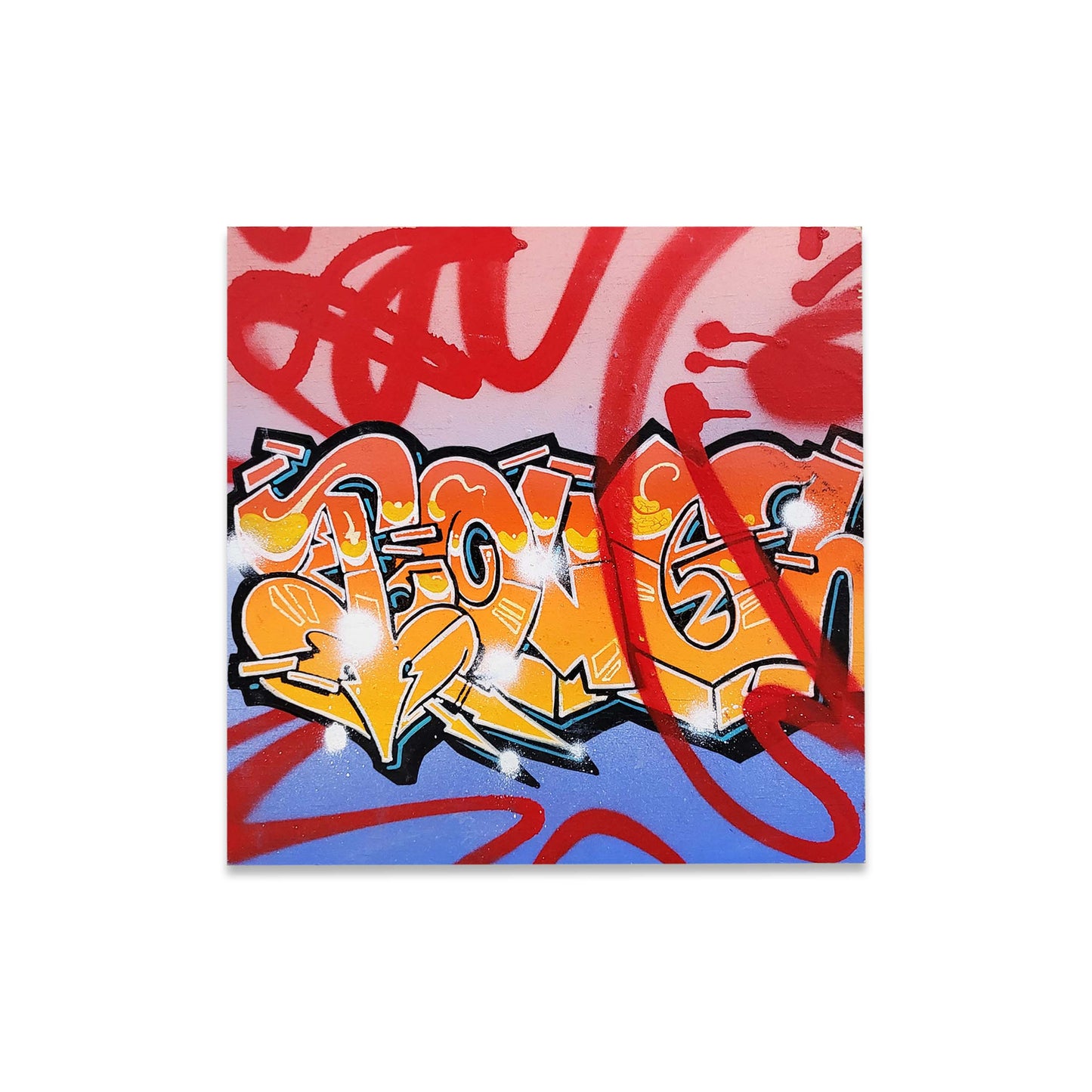 Graffiti style painted artwork with graffiti style letters.