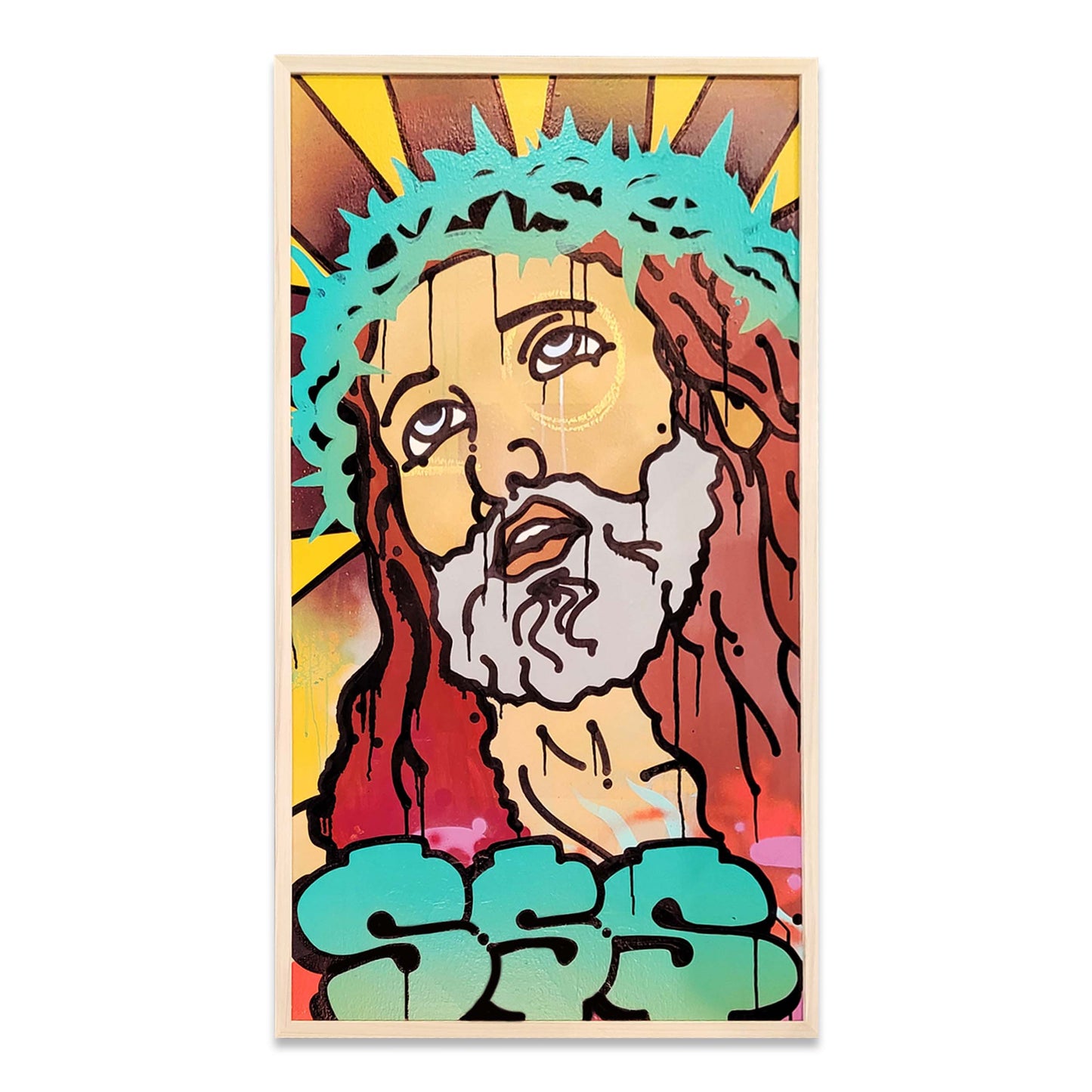 A wooden framed painting of jesus christ in a graffiti style.