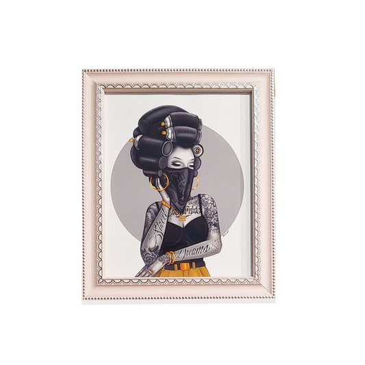 Framed artwork of a stylized Chicana figure with tattoos and a bandana.
