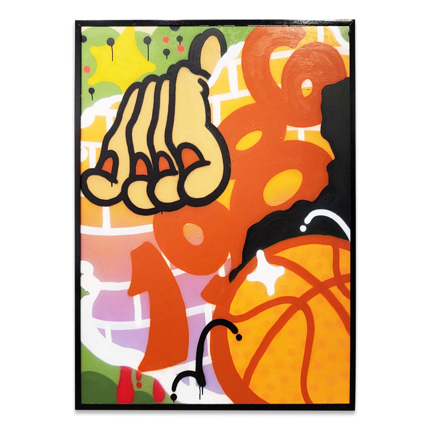 A painting of a basketball with a hand and the numbers 1986 in a graffiti style with a black frame.
