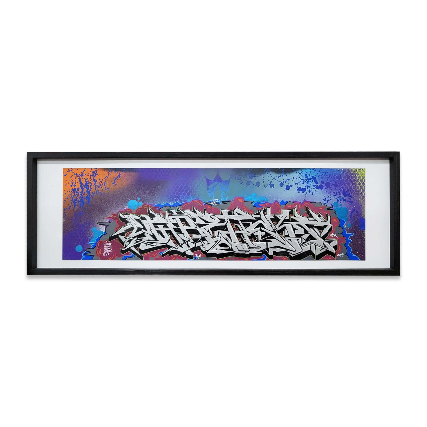 A blue graffiti style painting with silver letters in a black frame.