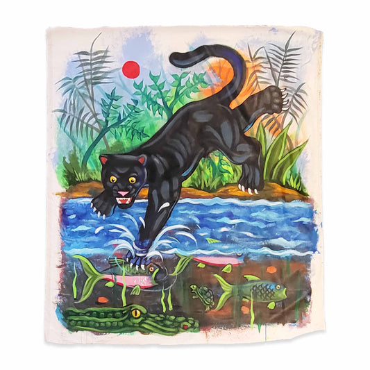A painted canvas featuring a colorful illustration of a black panther leaping over blue water, with green foliage, a red sun, and fish below, shown against a plain white background.