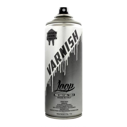 silver loop can with the word "varnish" across the face of the can with no background