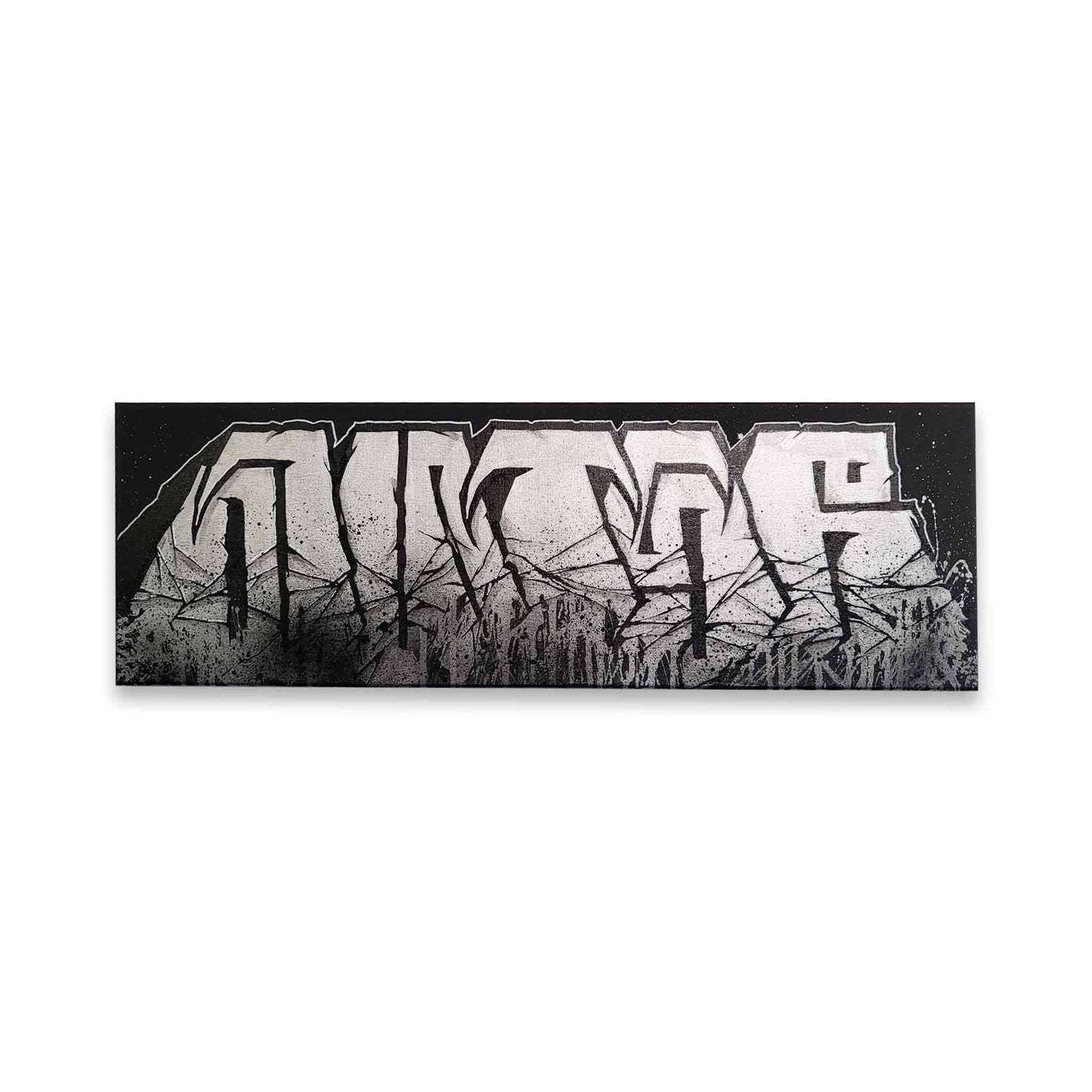 A black and chrome painting of blocky graffiti letters on a white background.