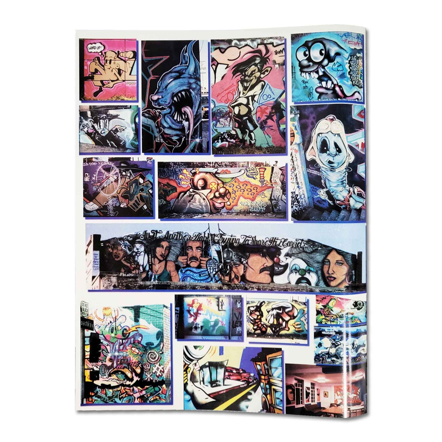 Collage of colorful graffiti art photos on a magazine page on a white background.