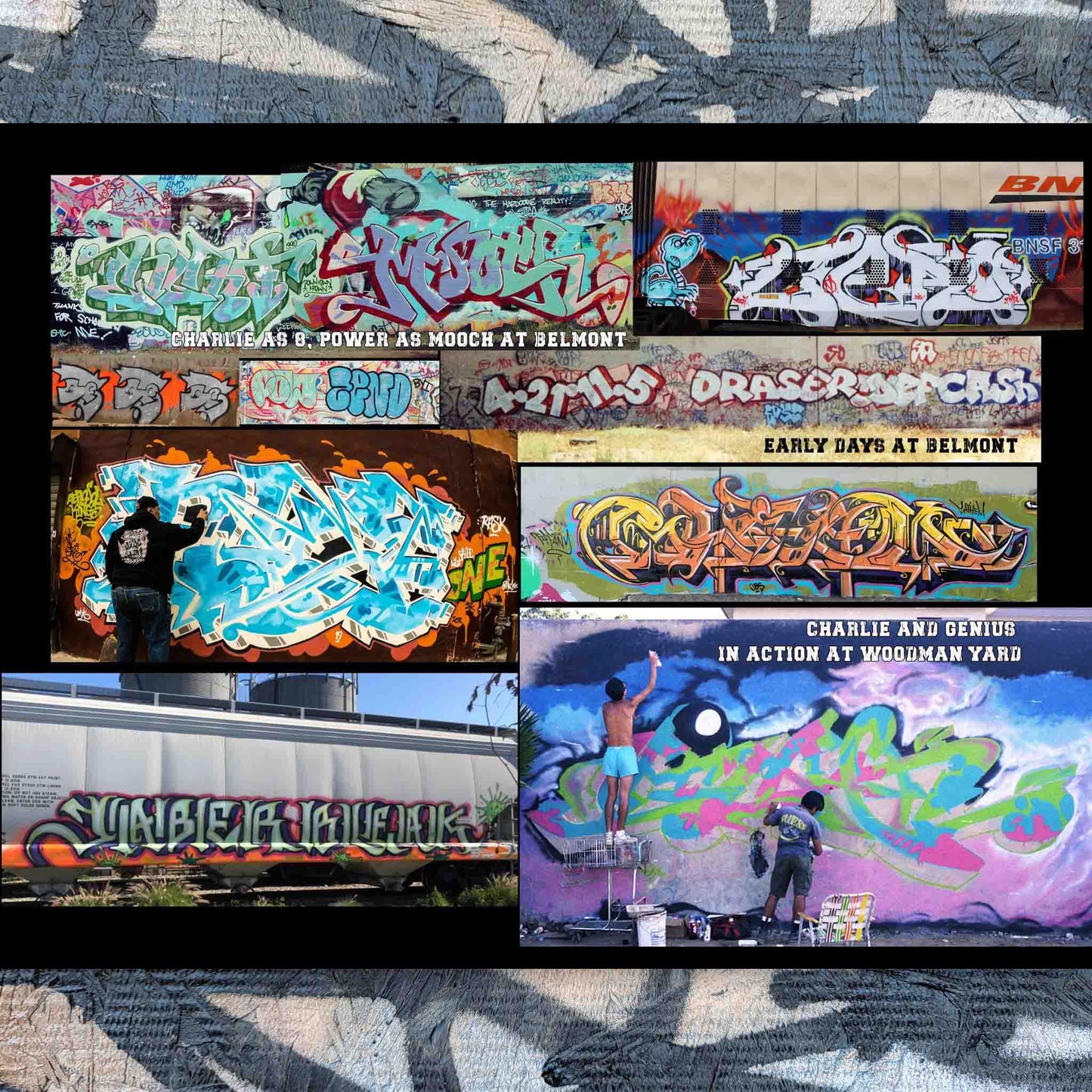 Collage of various graffiti artworks on walls and train cars.